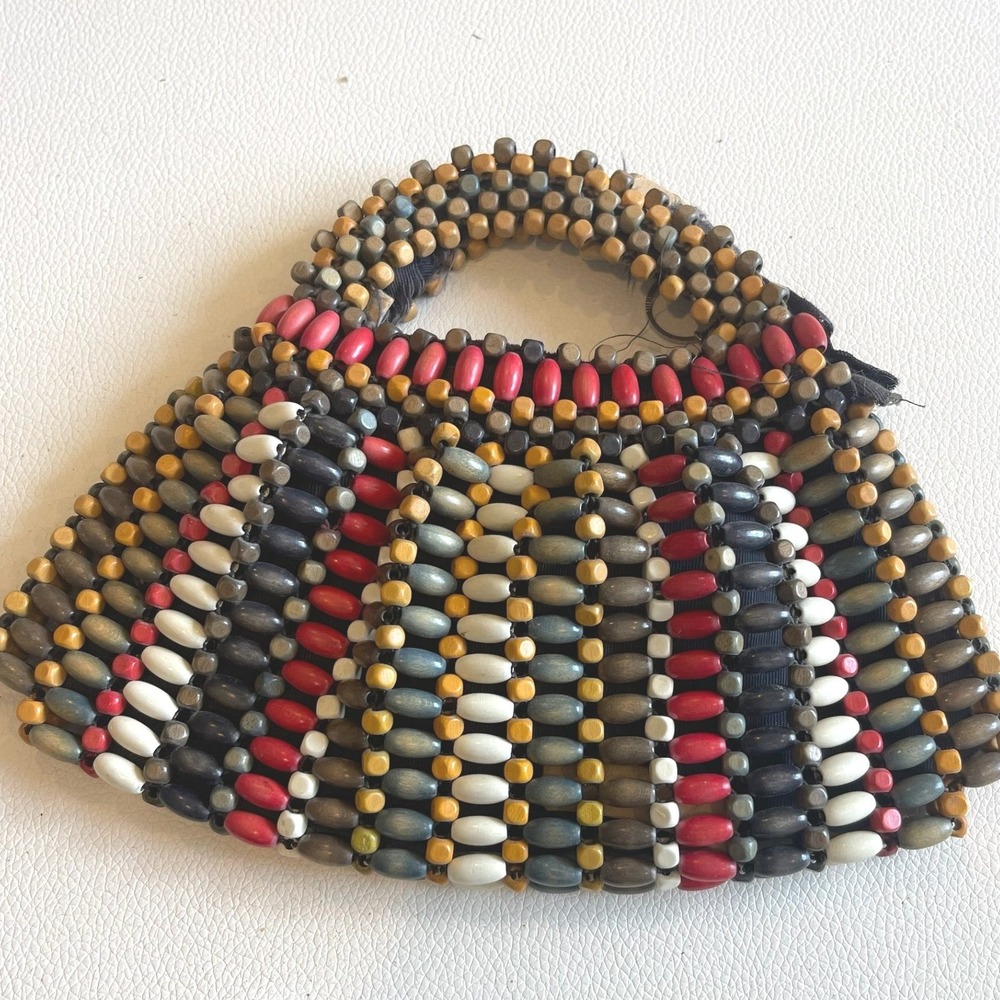 Vintage Multi Color Wood Bead Top Handle bag Boho Geometric Zipper Bag ND Repair